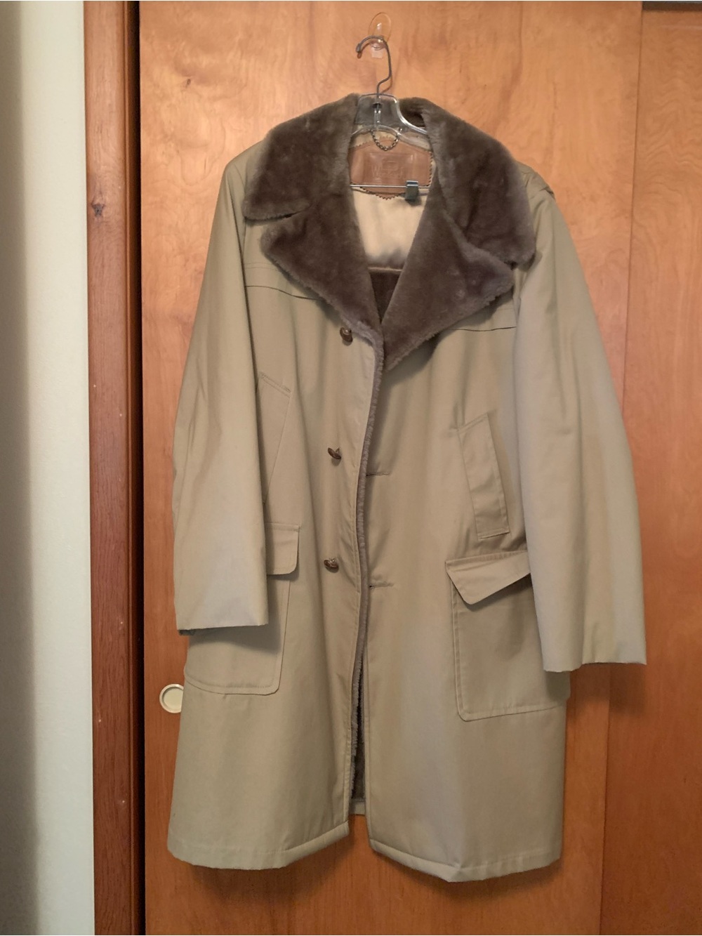 Men's Tan Trench Coat with Brown Shearling Collar